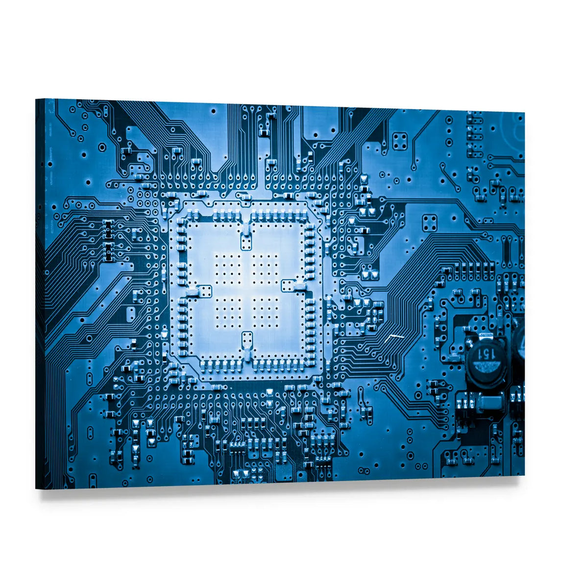 Blue Circuit Board Close-up Canvas Wall Art, single panel gallery wrapped canvas, angled product view