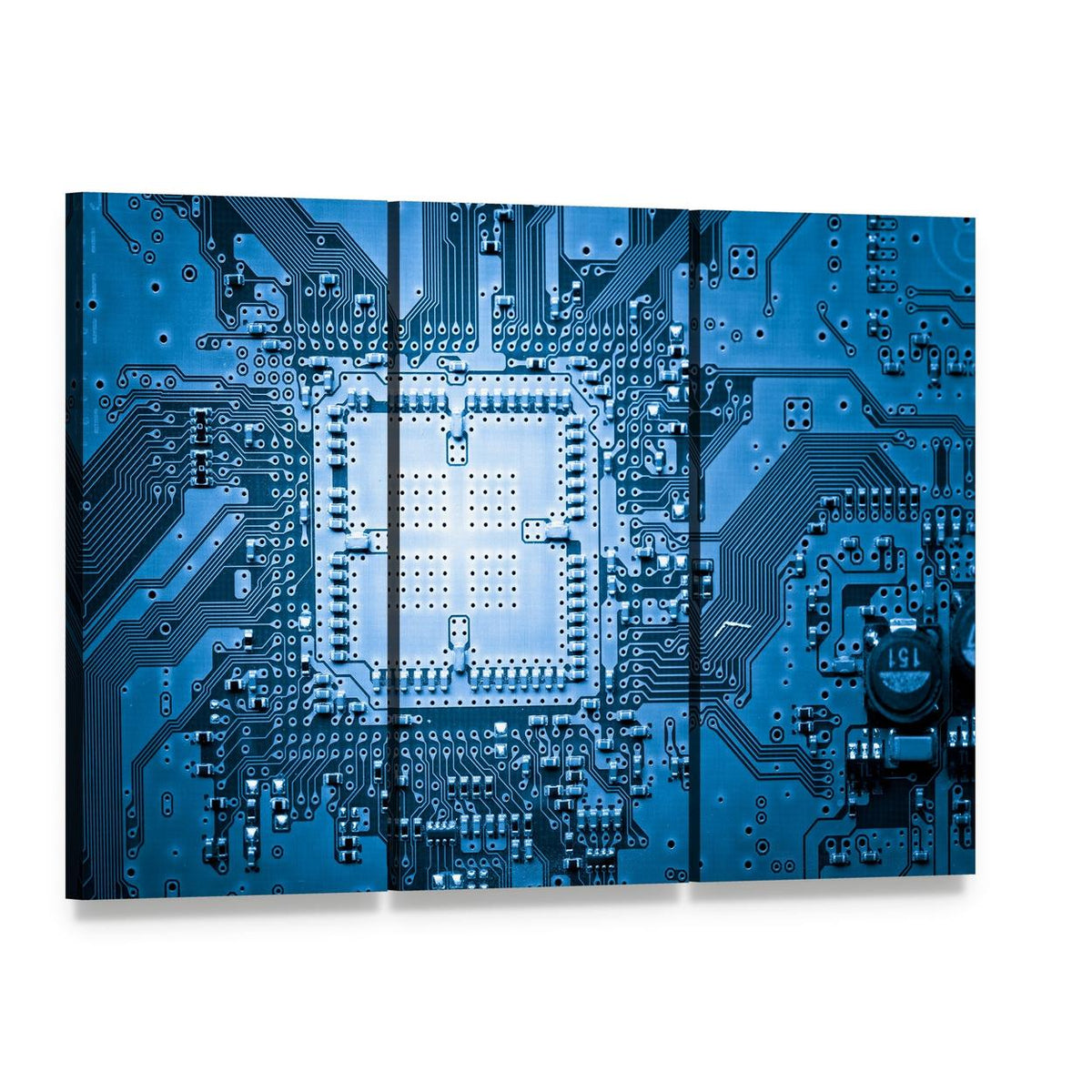 Microscopic Circuit Board Canvas Wall Art, 3 panel 3 Horizontal layout gallery wrapped canvas set, angled product view
