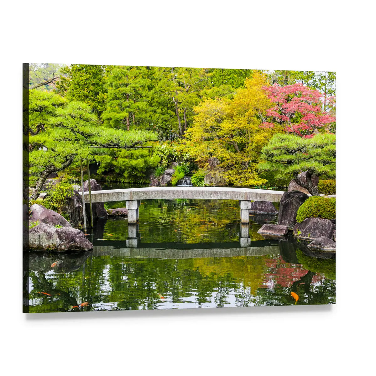 Zen Garden Pond and Stone Bridge Canvas Wall Art, single panel gallery wrapped canvas, angled product view