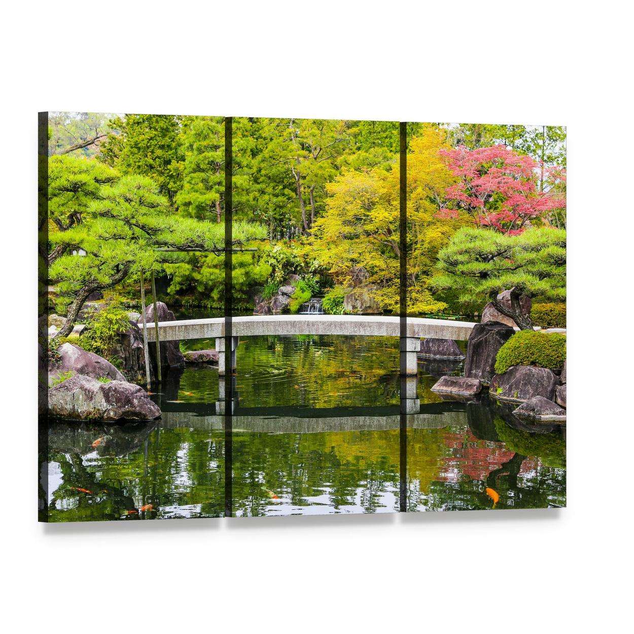 Zen Garden Stone Bridge Over Pond Canvas Wall Art, 3 panel 3 Horizontal layout gallery wrapped canvas set, angled product view