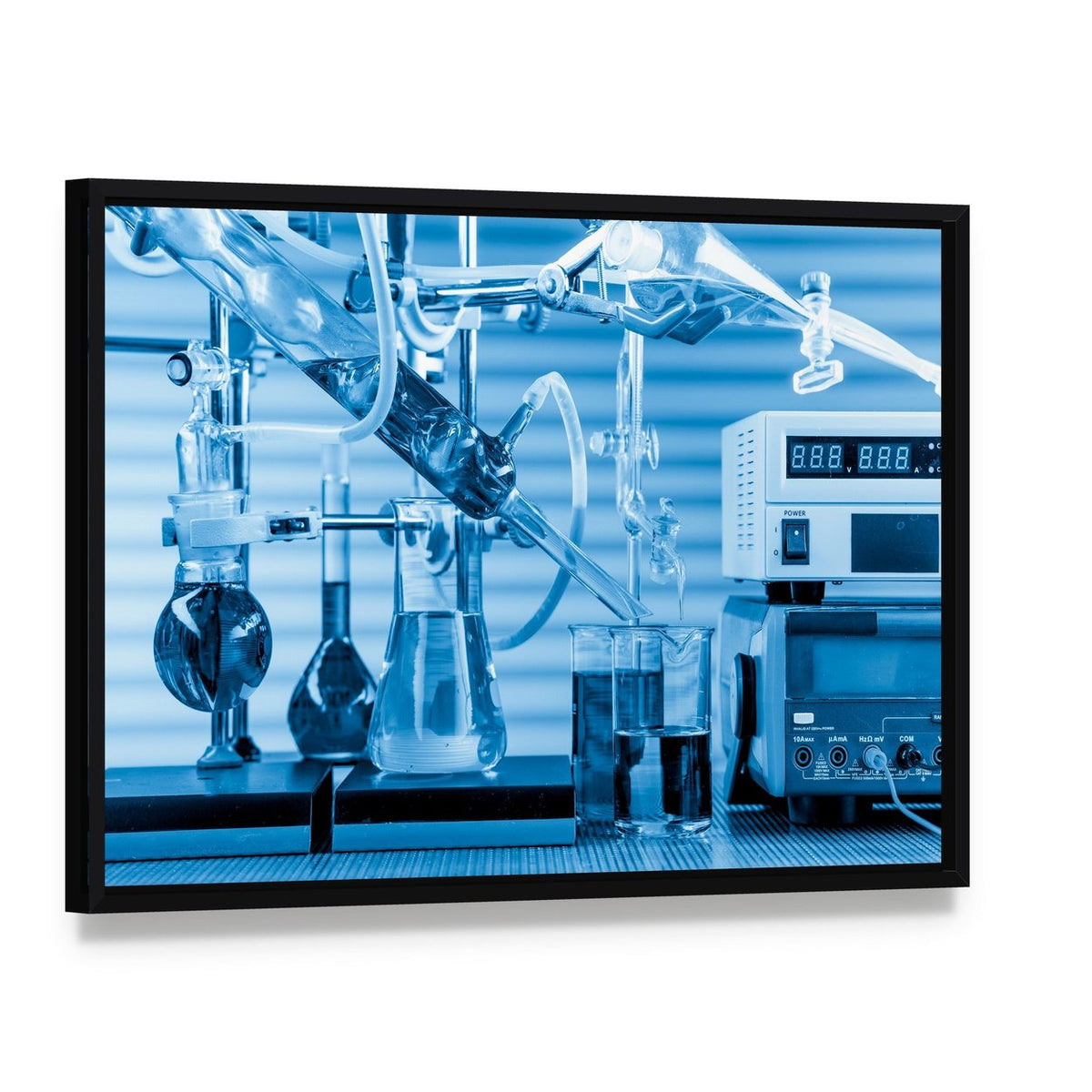 Physical Chemistry Lab Equipment Canvas Wall Art, framed canvas in a black floater frame, angled product view