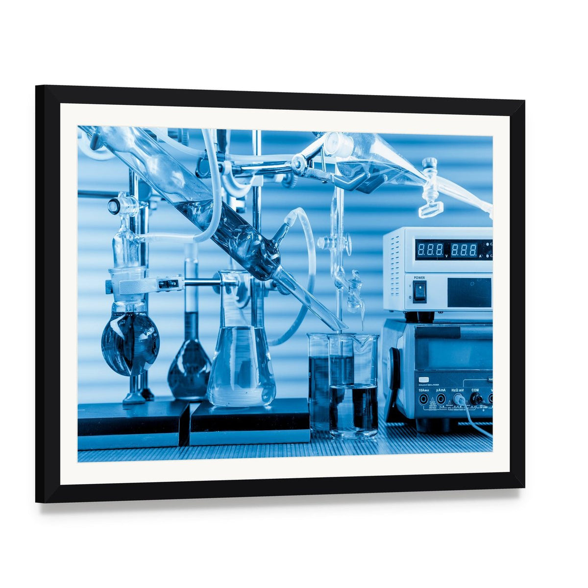 Physical Chemistry Lab Equipment Canvas Wall Art, framed print with white mat and black frame, angled product view