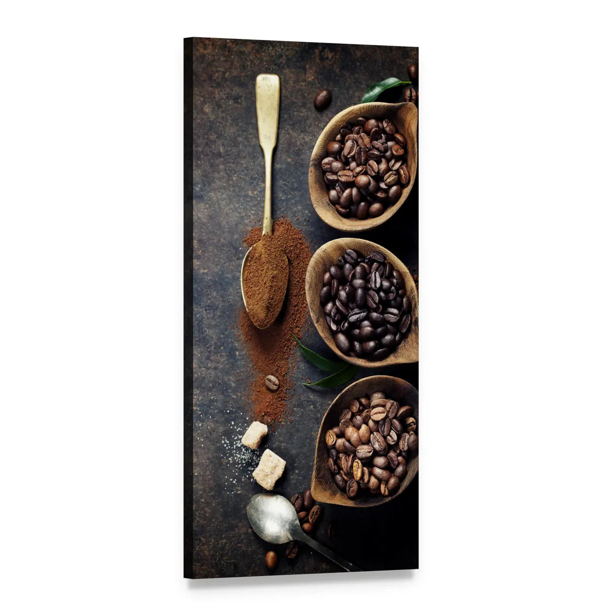 Three Wooden Bowls of Coffee Beans Vertical Canvas Wall Art, 1 panel 1 Vertical layout gallery wrapped canvas set, angled product view
