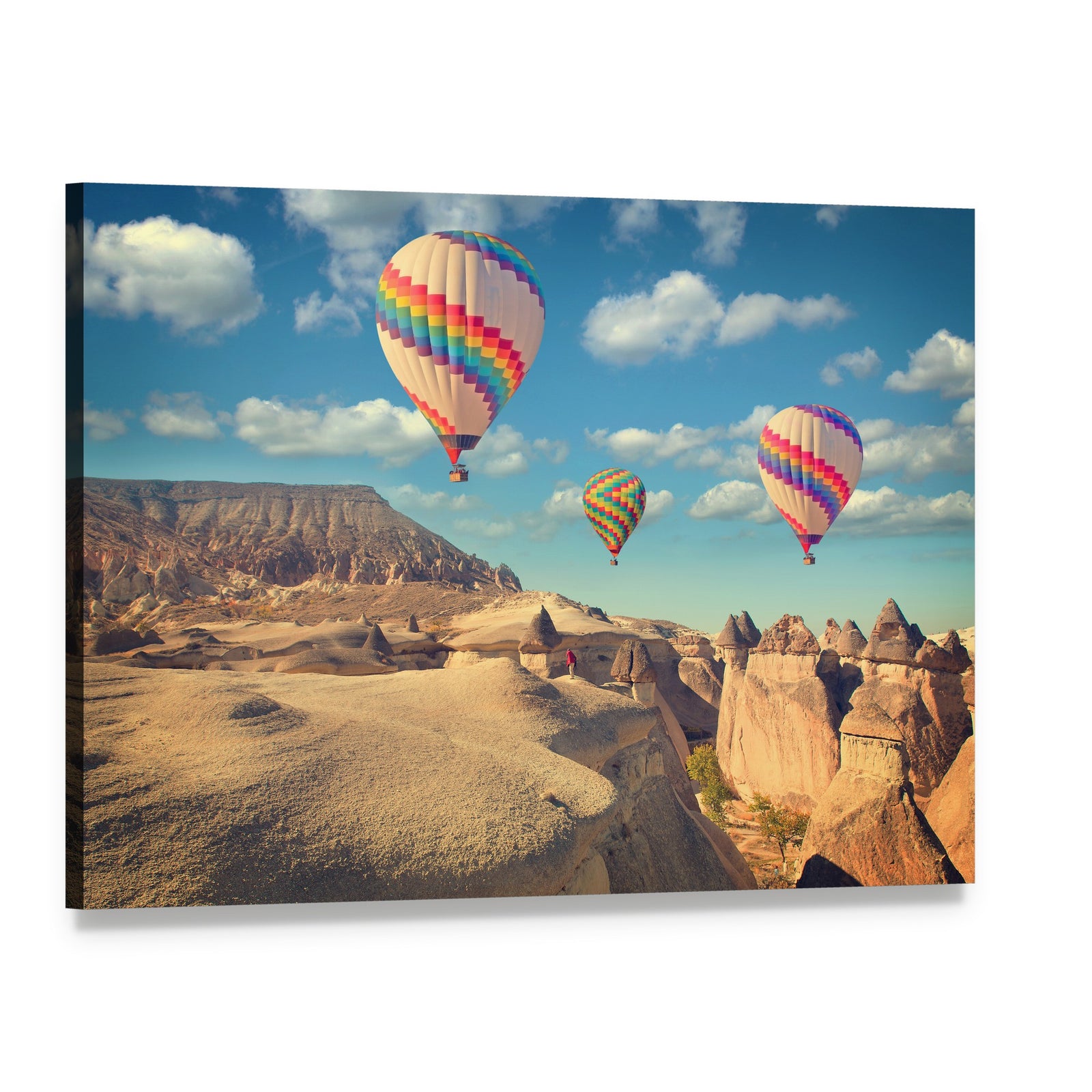 Hot Air Balloons Over Cappadocia Canvas Wall Art, single panel gallery wrapped canvas, angled product view