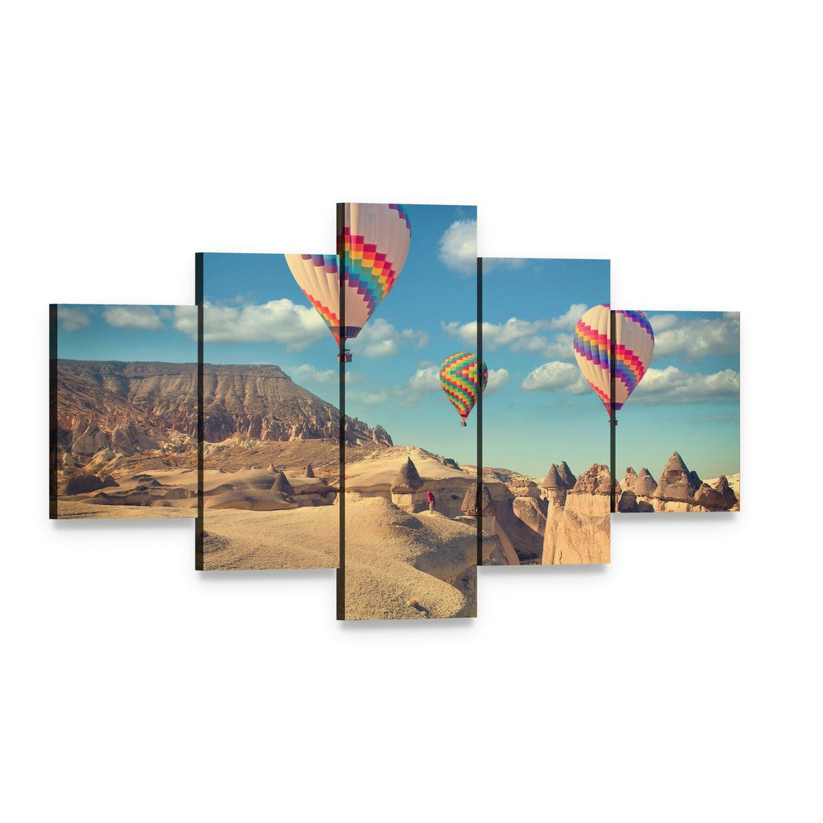Hot Air Balloons Over Cappadocia Canvas Wall Art, 5 panel 5 Star layout gallery wrapped canvas set, angled product view