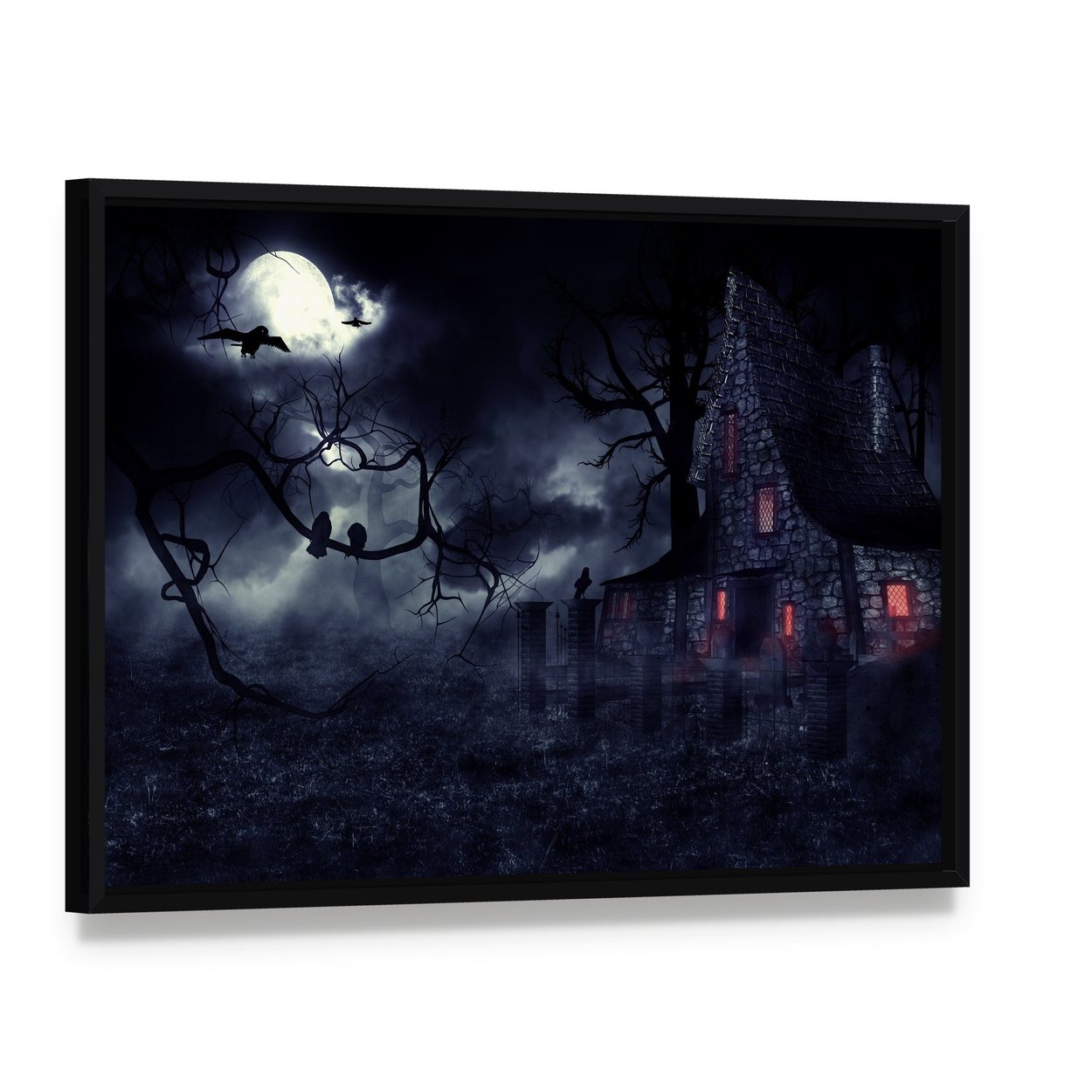 Dark Haunted House Canvas Wall Art, framed canvas in a black floater frame, angled product view