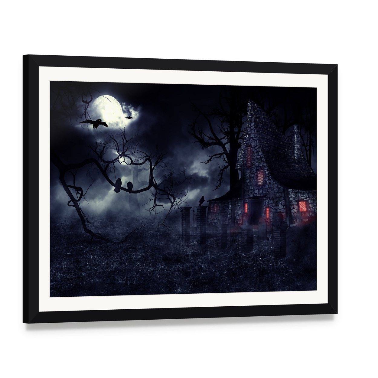 Dark Haunted House Canvas Wall Art, framed print with white mat and black frame, angled product view