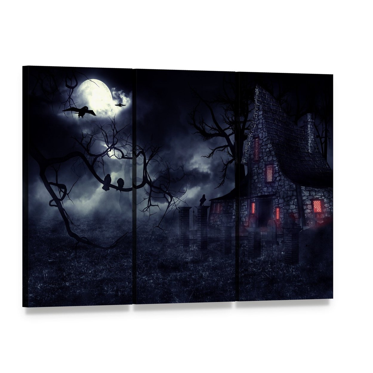 Dark Haunted House Canvas Wall Art in black, gray and blue, 5 panel Pop layout hung on a wall