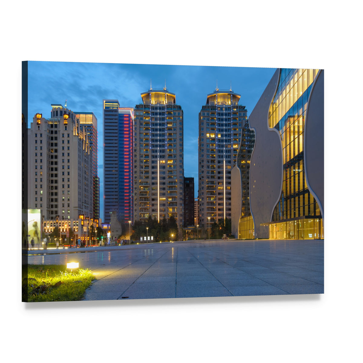 Taichung City Skyline at Dusk Canvas Wall Art, single panel gallery wrapped canvas, angled product view