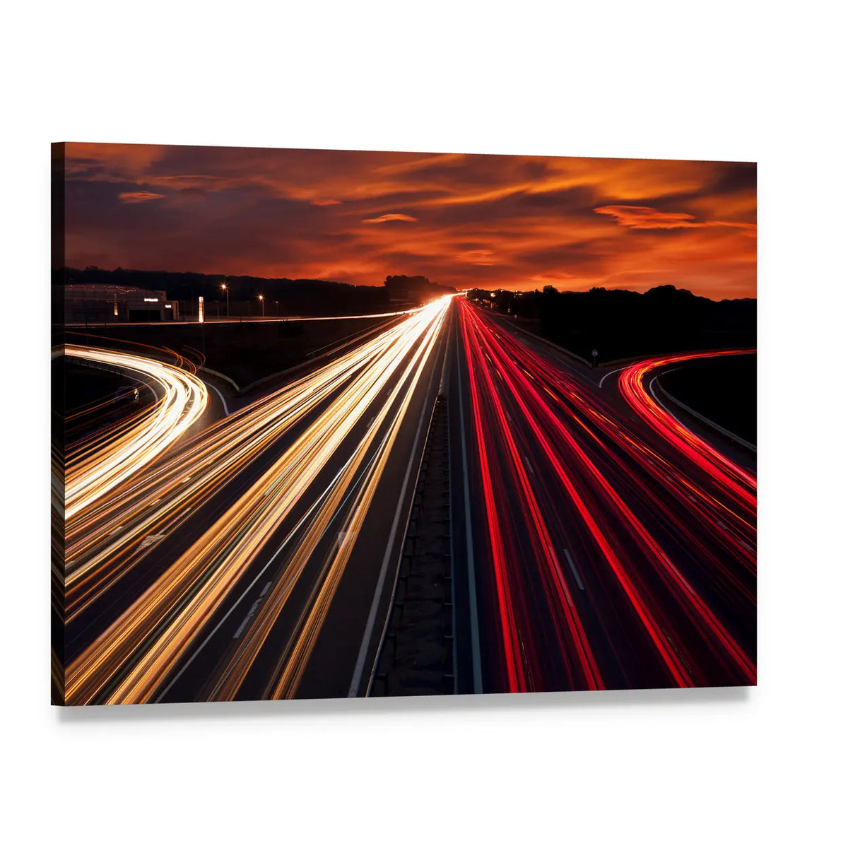 Motorway Light Trails at Sunset Canvas Wall Art, single panel gallery wrapped canvas, angled product view