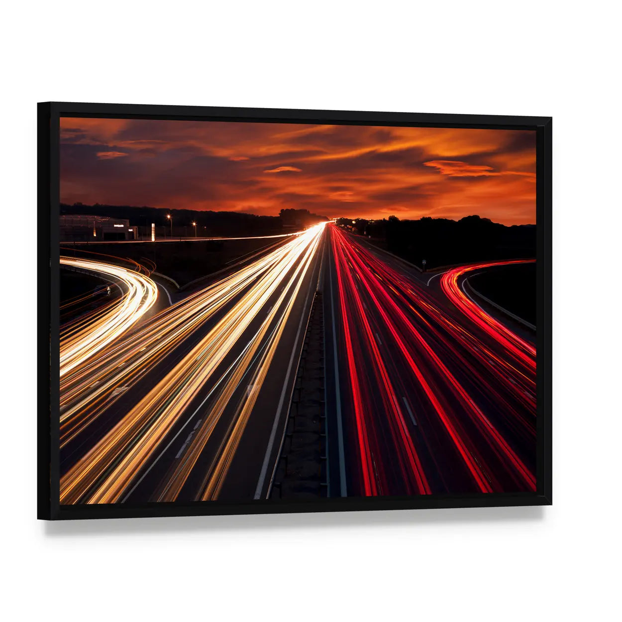 Motorway Light Trails at Sunset Canvas Wall Art, framed canvas in a black floater frame, angled product view