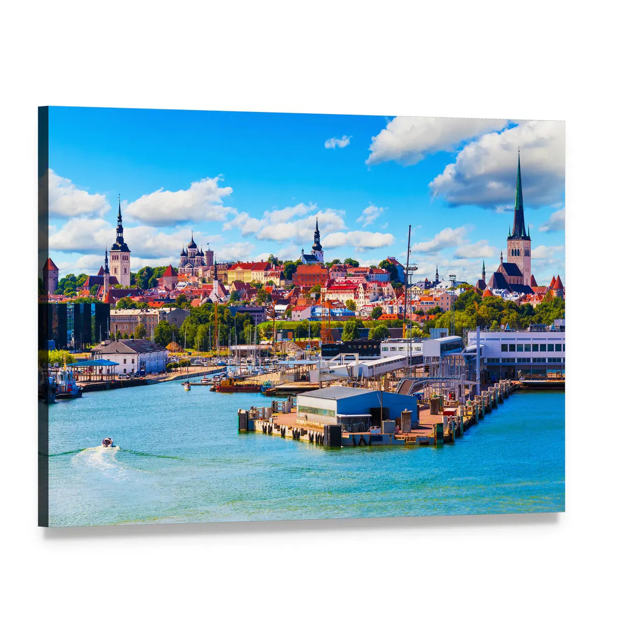 Old Town Seaport Skyline Canvas Wall Art, single panel gallery wrapped canvas, angled product view