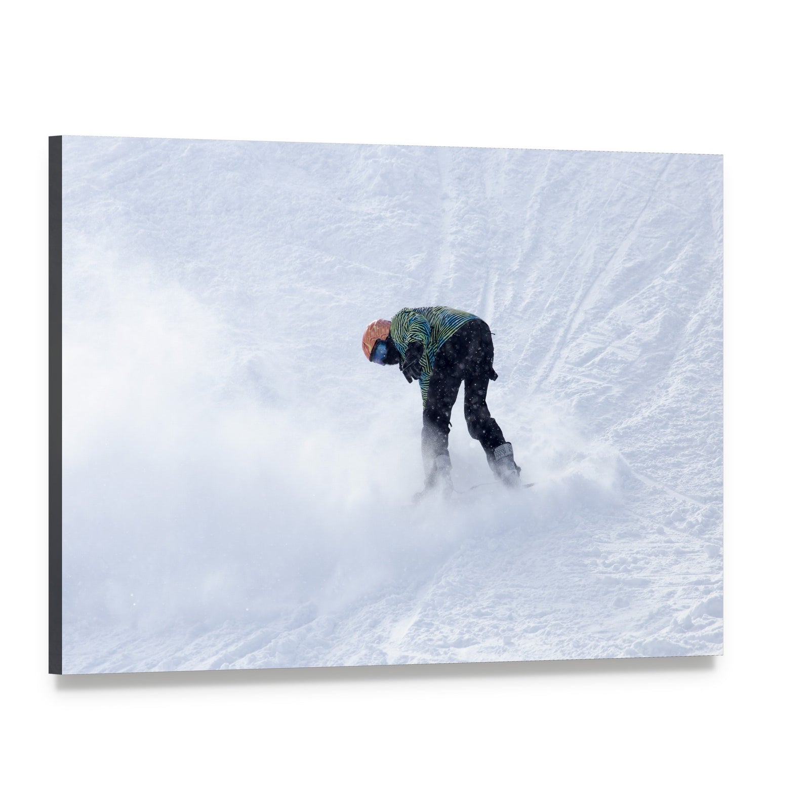 Snowboarder on Snow Canvas Wall Art, single panel gallery wrapped canvas, angled product view