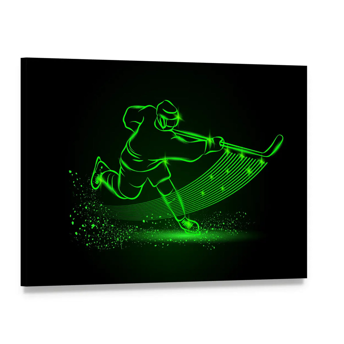 Neon Hockey Player in Motion Canvas Wall Art, single panel gallery wrapped canvas, angled product view