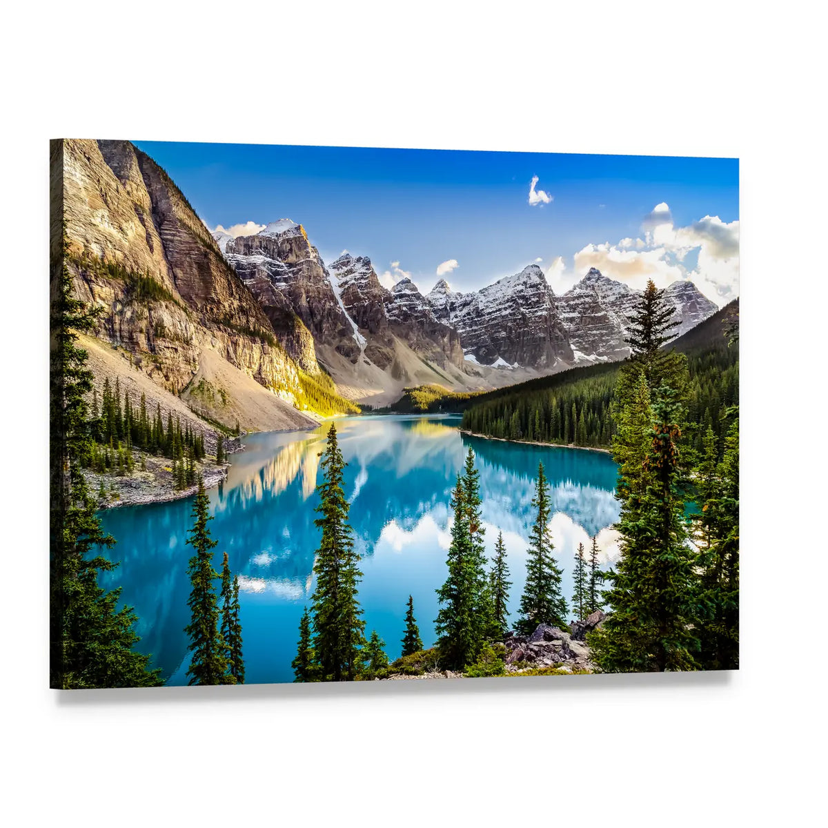 Moraine Lake Alberta Landscape Canvas Wall Art, single panel gallery wrapped canvas, angled product view
