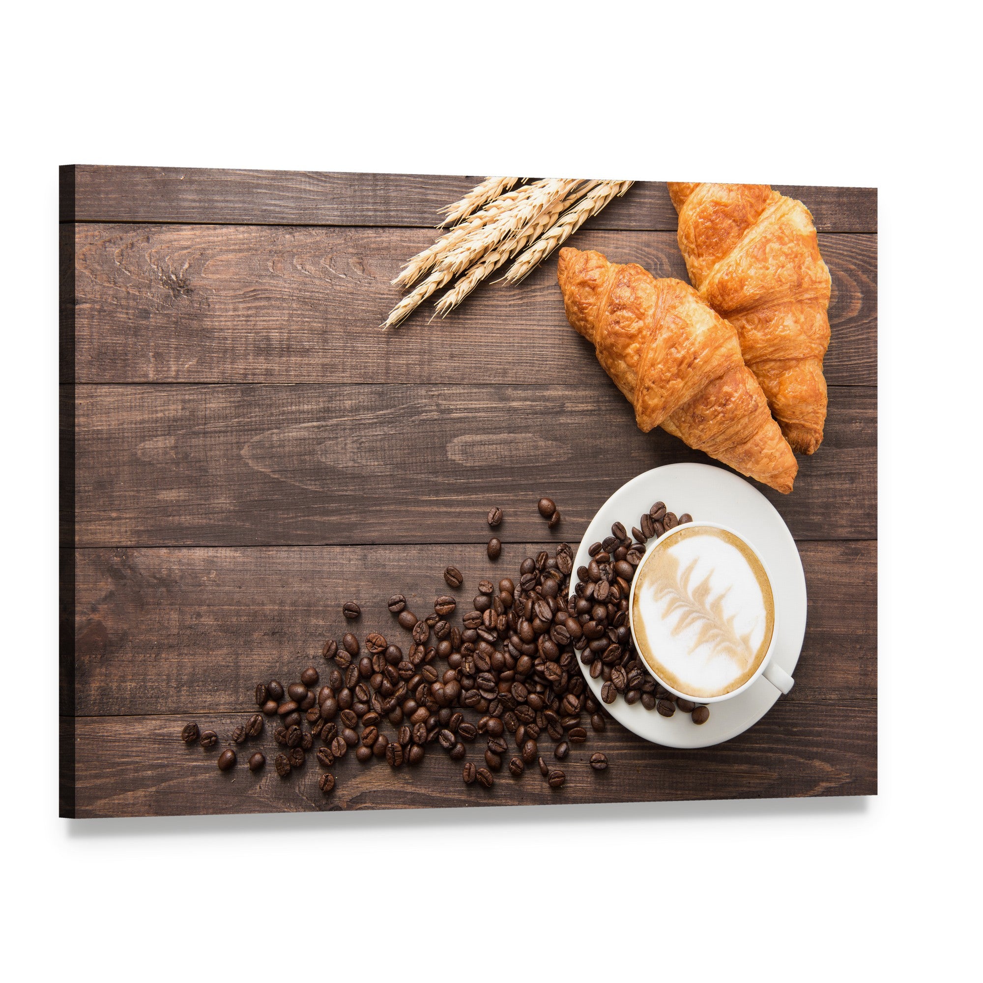 Coffee Cup & Croissants Canvas Wall Art, single panel gallery wrapped canvas, angled product view
