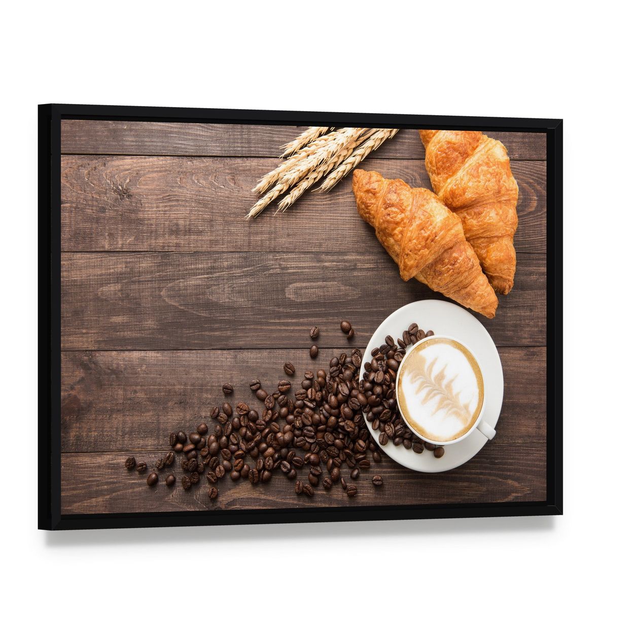 Coffee Cup & Croissants Canvas Wall Art, framed canvas in a black floater frame, angled product view