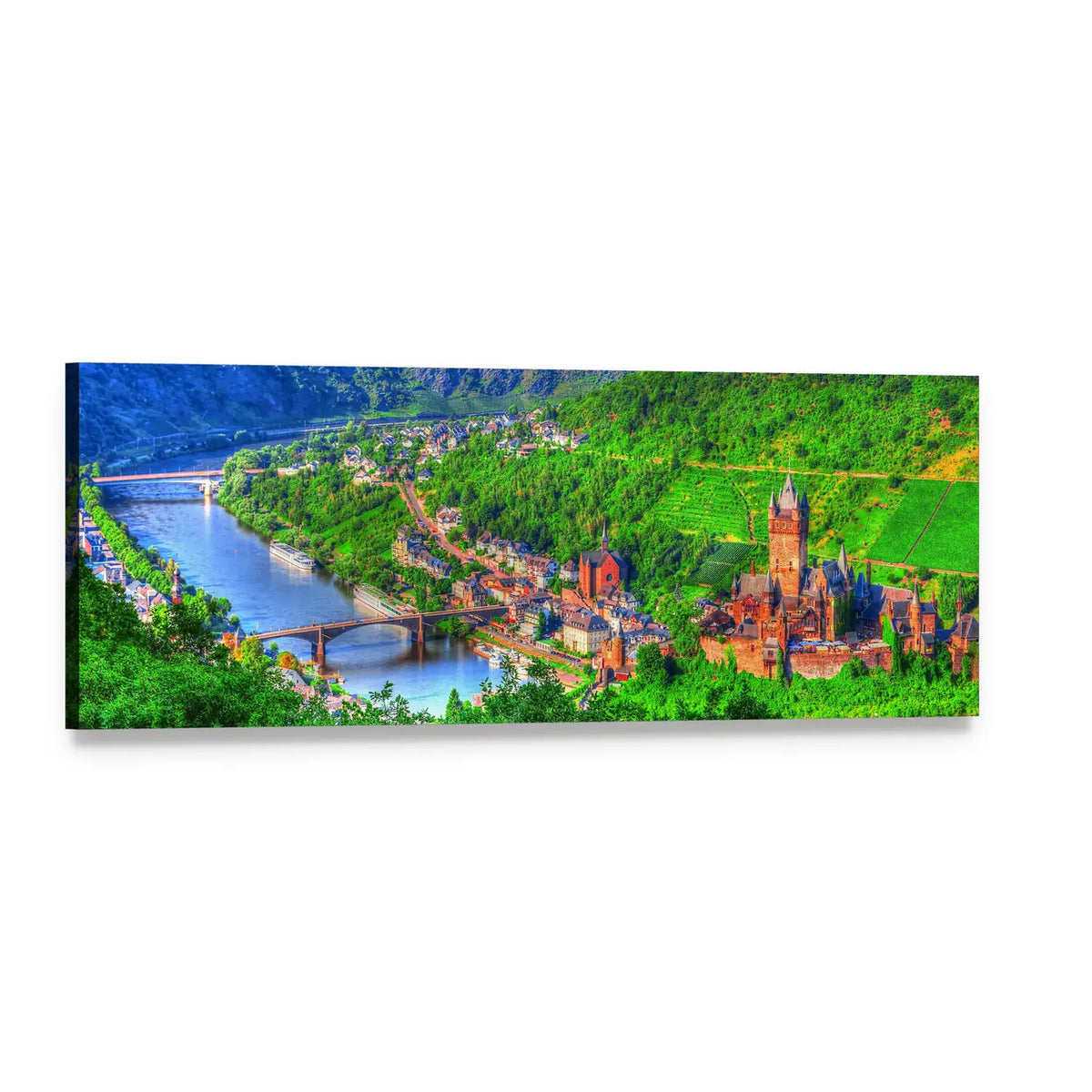 Medieval Castle Over Winding River Valley Panoramic Canvas Wall Art, single panel gallery wrapped canvas, angled product view