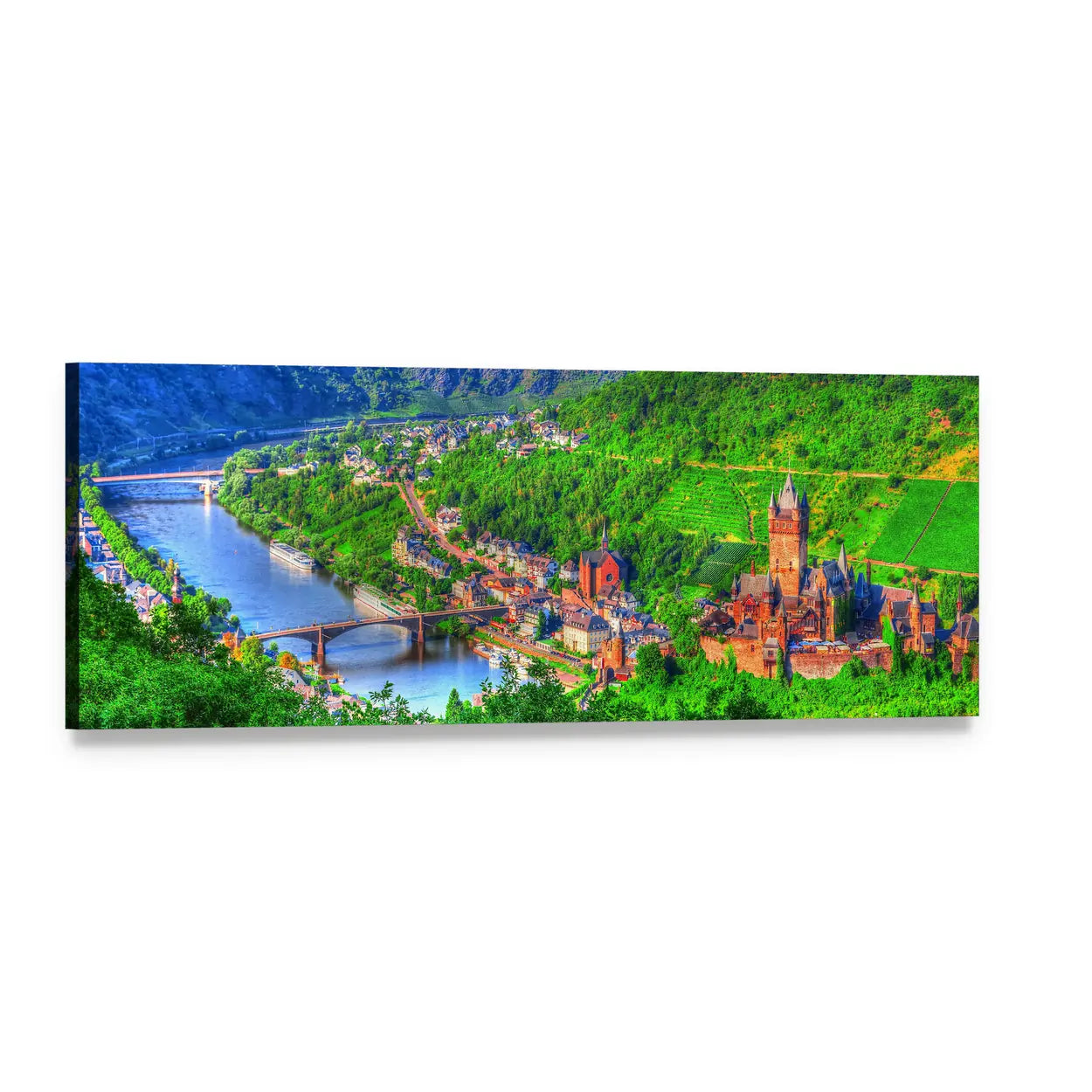 Medieval Castle Over Winding River Valley Panoramic Canvas Wall Art, single panel gallery wrapped canvas, angled product view