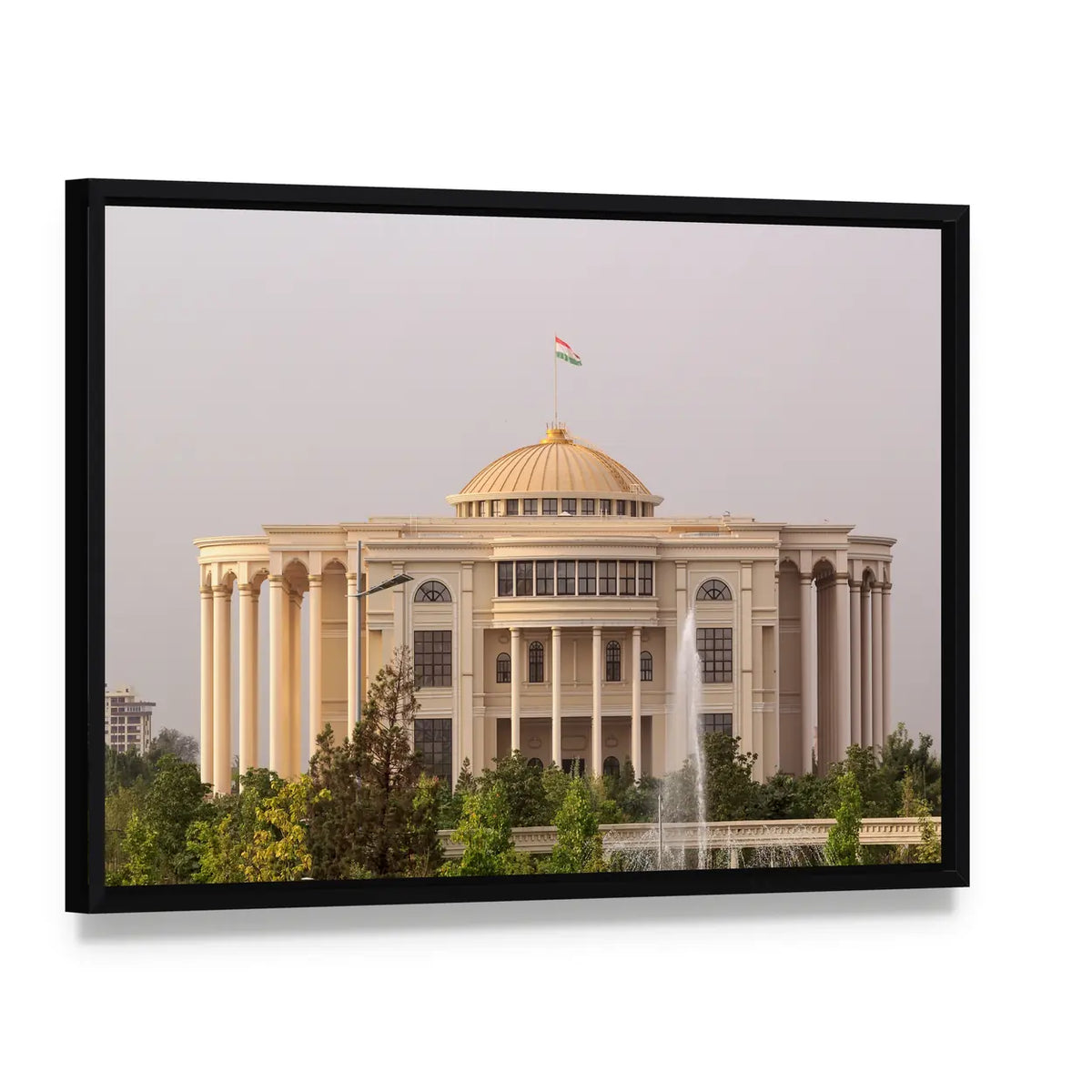 Palais Des Nations In The Morning Canvas Wall Art, framed canvas in a black floater frame, angled product view
