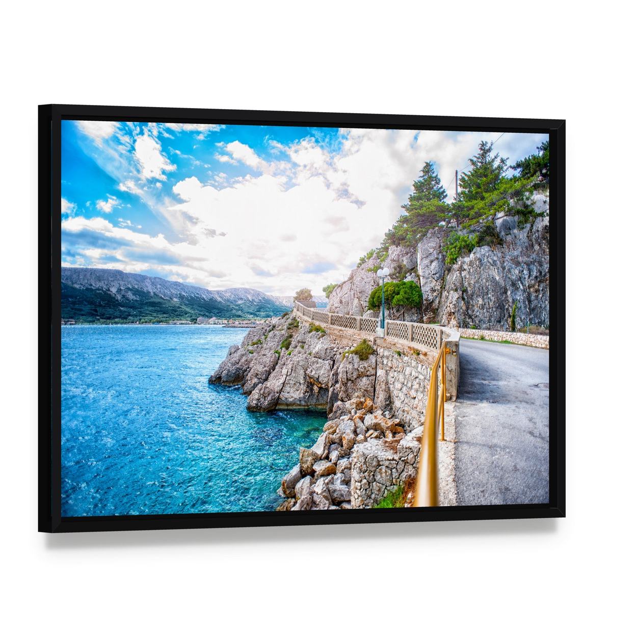 Adriatic Sea Coastline Canvas Wall Art, framed canvas in a black floater frame, angled product view