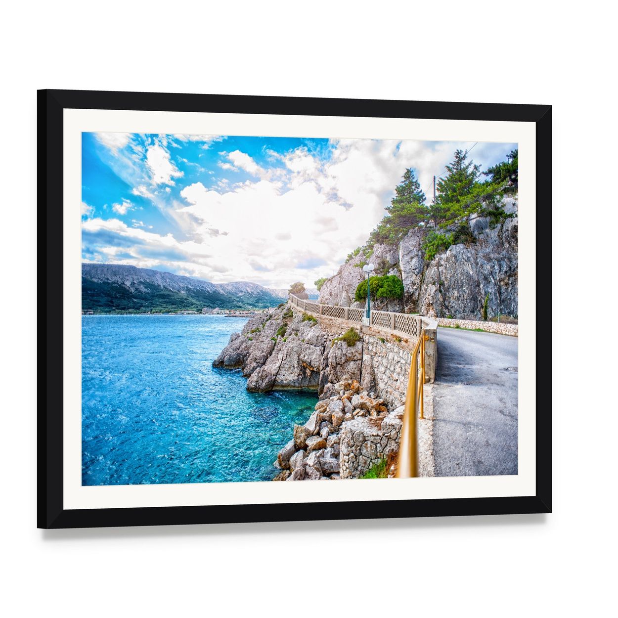 Adriatic Sea Coastline Canvas Wall Art, framed print with white mat and black frame, angled product view