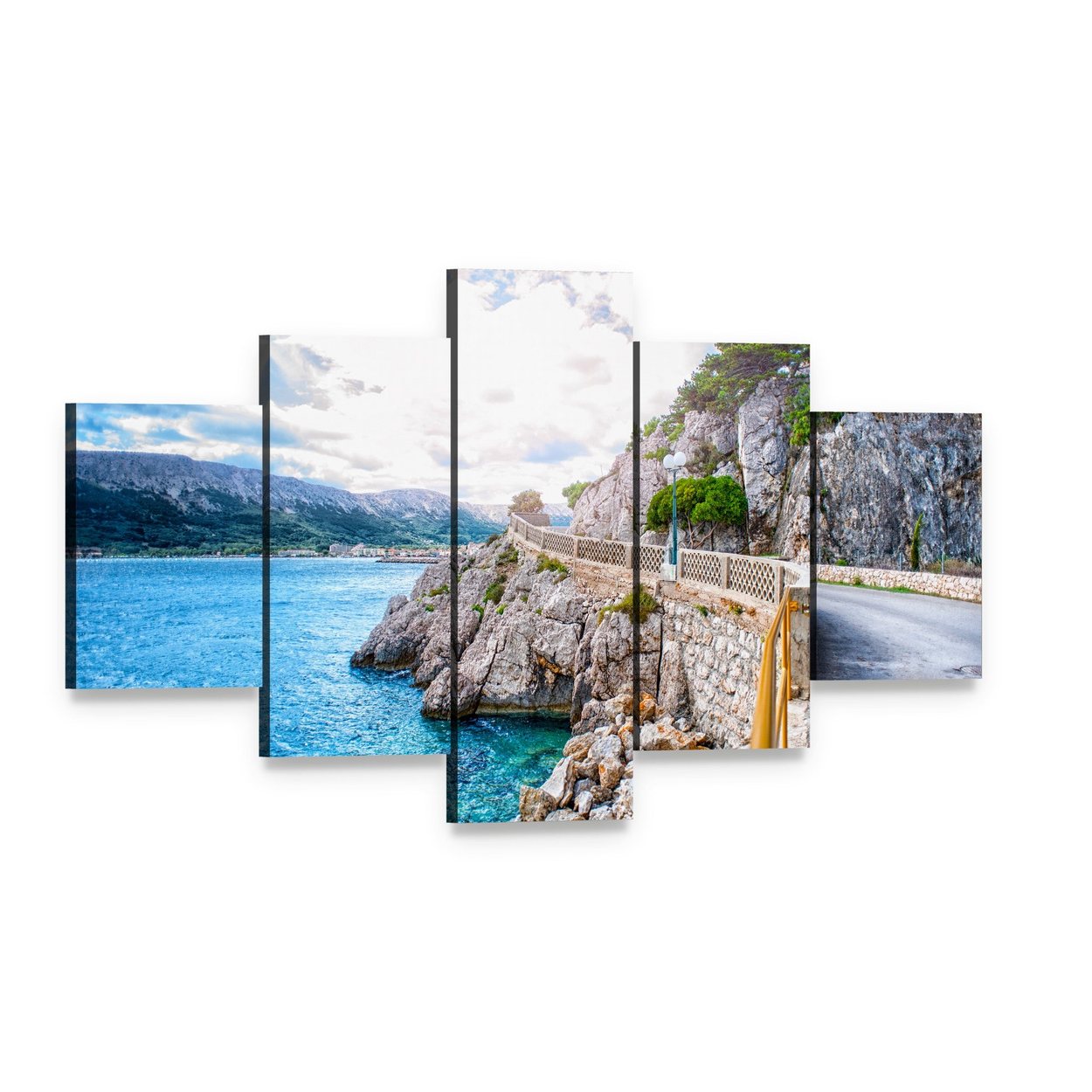 Adriatic Sea Coastline Canvas Wall Art, 5 panel 5 Star layout gallery wrapped canvas set, angled product view