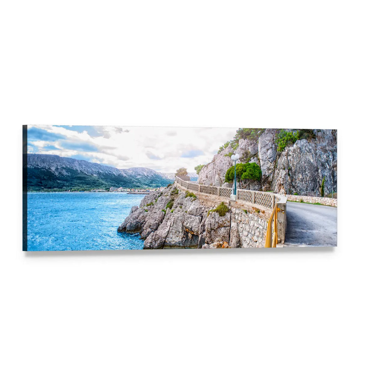 Adriatic Cliffside Road Panoramic Canvas Wall Art, single panel gallery wrapped canvas, angled product view