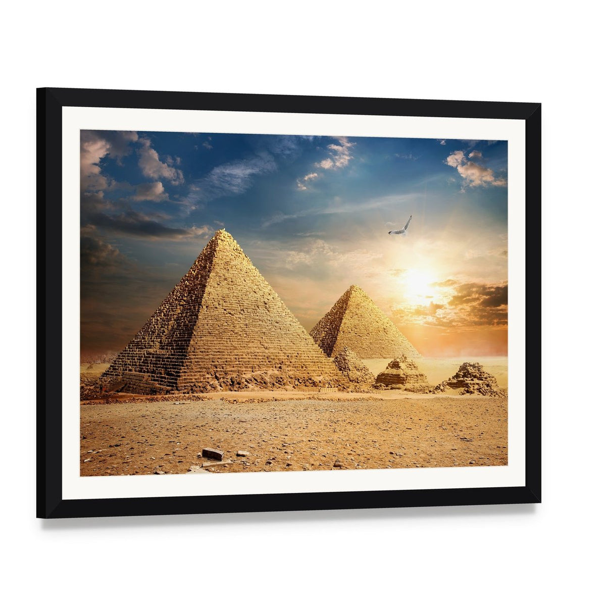 Pyramids at the Sunset Canvas Wall Art, framed print with white mat and black frame, angled product view