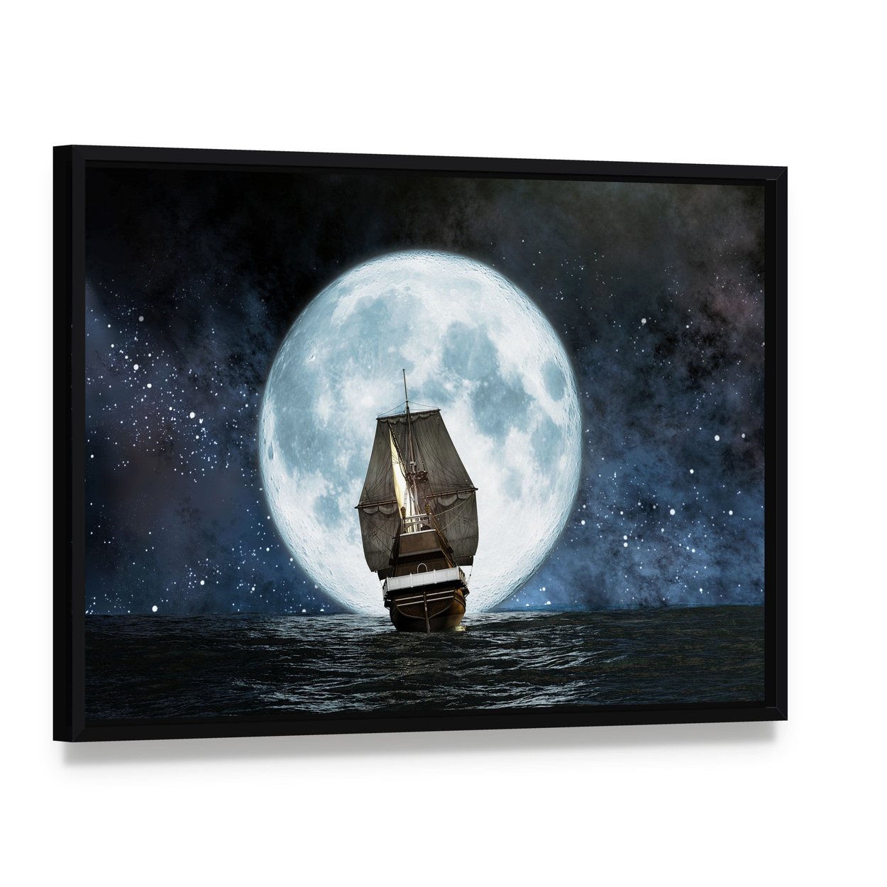 Boat in Full Moon Night Canvas Wall Art, framed canvas in a black floater frame, angled product view