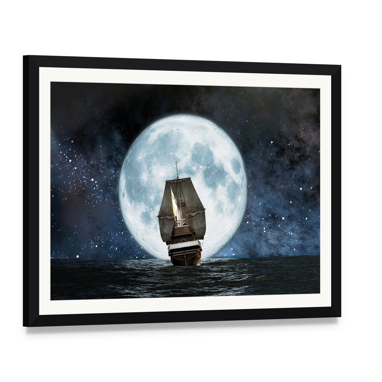 Boat in Full Moon Night Canvas Wall Art, framed print with white mat and black frame, angled product view