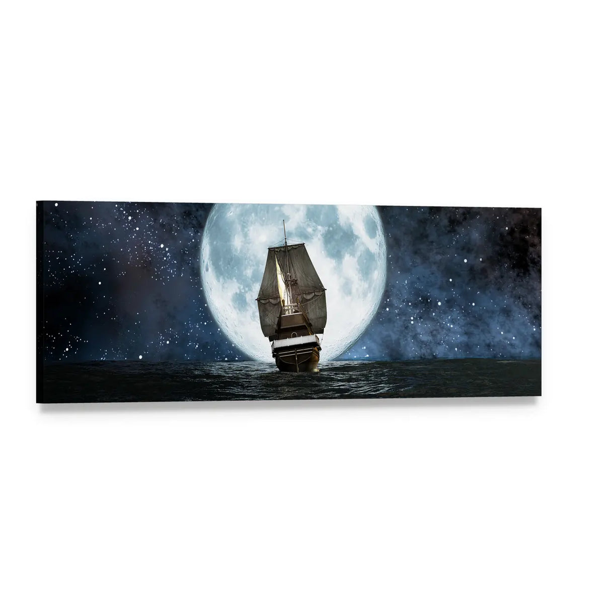Sailing Ship Under a Full Moon Panoramic Canvas Wall Art, single panel gallery wrapped canvas, angled product view