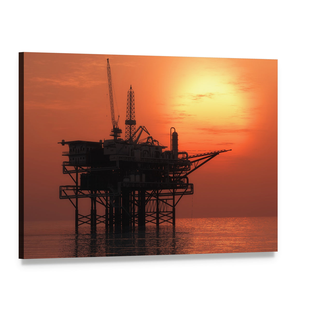 Offshore Oil Rig at Sunset Canvas Wall Art, single panel gallery wrapped canvas, angled product view