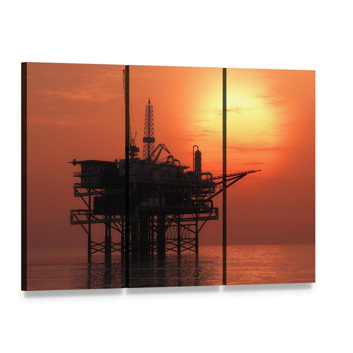 Offshore Oil Rig at Sunset Canvas Wall Art, 3 panel 3 Horizontal layout gallery wrapped canvas set, angled product view