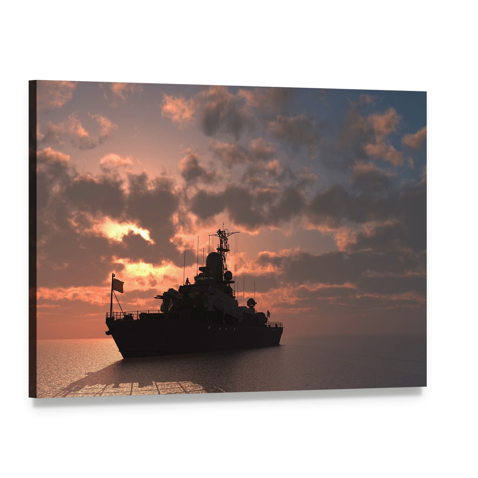 Silhouetted Warship at Sunset Canvas Wall Art, single panel gallery wrapped canvas, angled product view