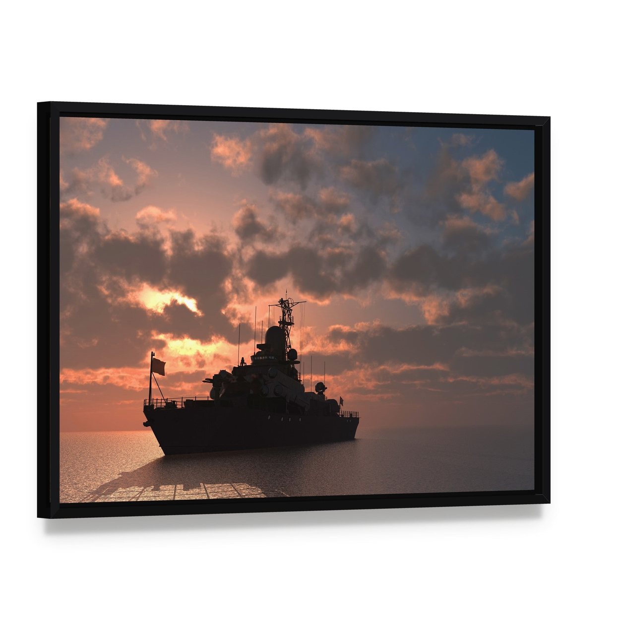 Silhouetted Warship at Sunset Canvas Wall Art, framed canvas in a black floater frame, angled product view