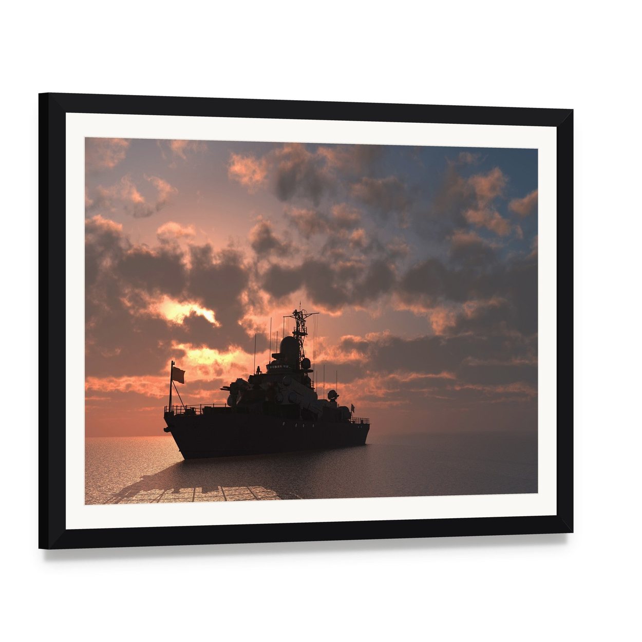 Silhouetted Warship at Sunset Canvas Wall Art, framed print with white mat and black frame, angled product view