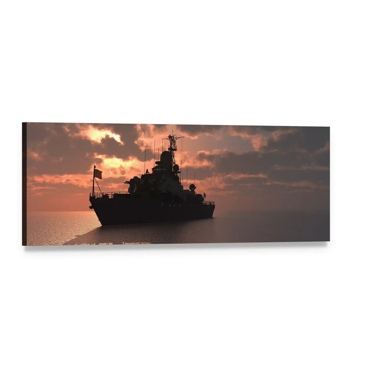 Naval Ship Silhouette at Sunset Panoramic Canvas Wall Art, single panel gallery wrapped canvas, angled product view