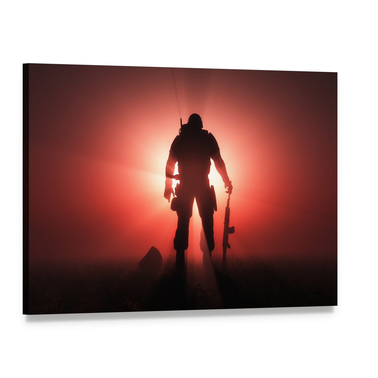 Soldier Silhouette at Sunrise Canvas Wall Art, single panel gallery wrapped canvas, angled product view