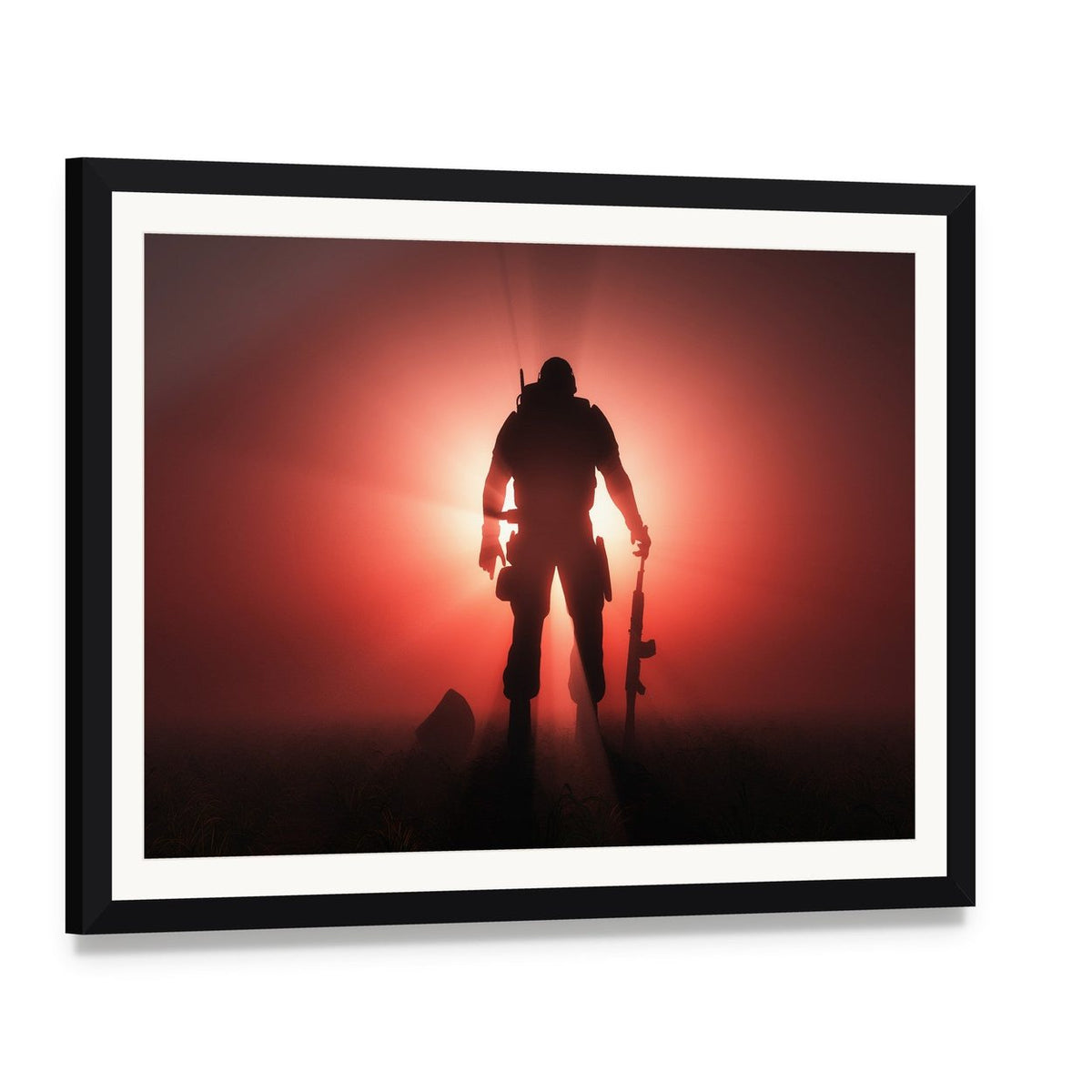 Soldier Silhouette at Sunrise Canvas Wall Art, framed print with white mat and black frame, angled product view