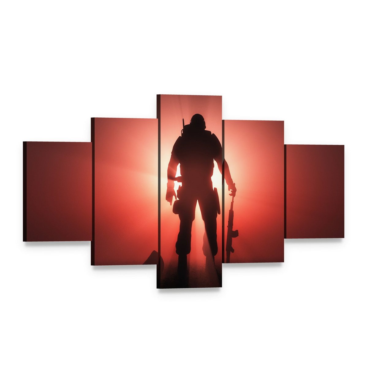 Soldier Silhouette at Sunrise Canvas Wall Art, 5 panel 5 Star layout gallery wrapped canvas set, angled product view