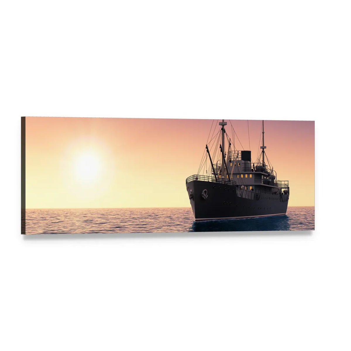 Cargo Ship at Sunset Panoramic Canvas Wall Art, single panel gallery wrapped canvas, angled product view