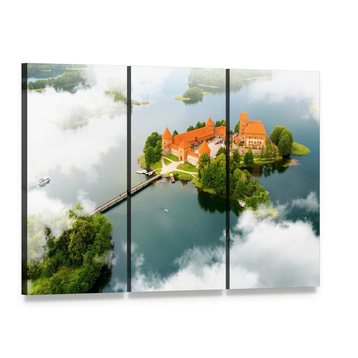 Trakai Island Castle Aerial View Canvas Wall Art, 3 panel 3 Horizontal layout gallery wrapped canvas set, angled product view