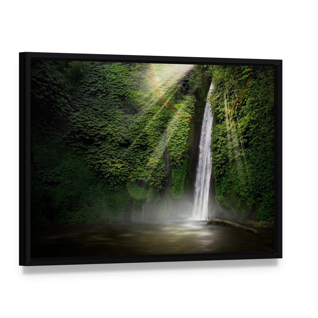 Waterfall in Munduk Bali Indonesia Canvas Wall Art, framed canvas in a black floater frame, angled product view