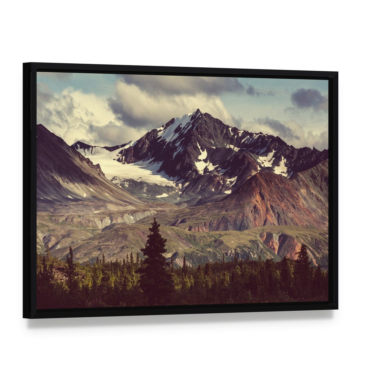 Denali Mountain Alaska Canvas Wall Art, framed canvas in a black floater frame, angled product view