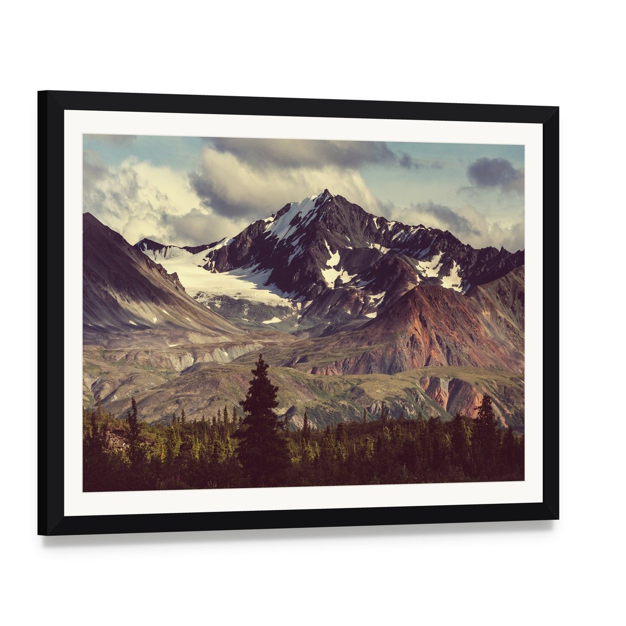 Denali Mountain Alaska Canvas Wall Art, framed print with white mat and black frame, angled product view