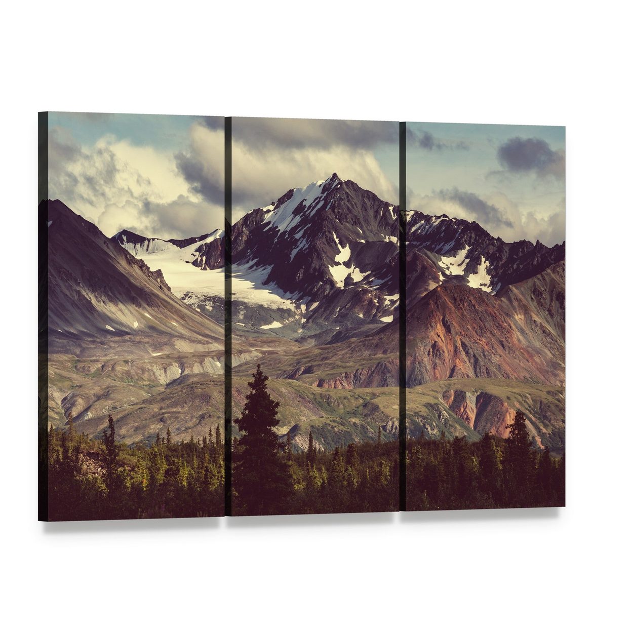 Denali Mountain Alaska Canvas Wall Art, 3 panel 3 Horizontal layout gallery wrapped canvas set, angled product view