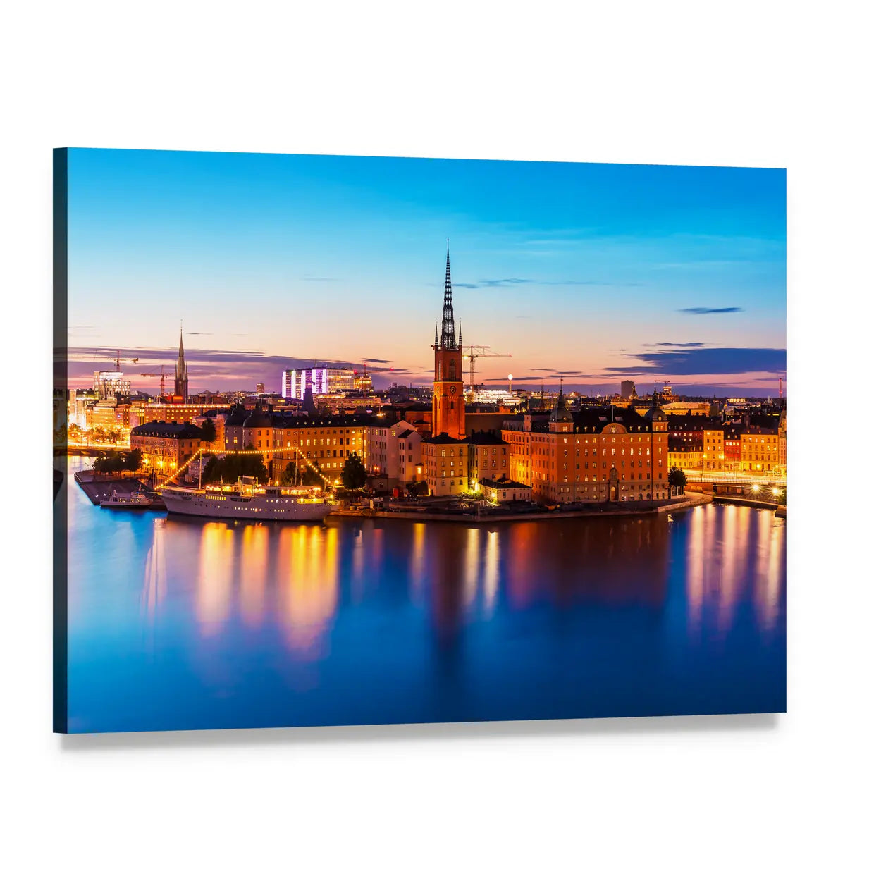 Gamla Stan Waterfront at Dusk Canvas Wall Art, single panel gallery wrapped canvas, angled product view