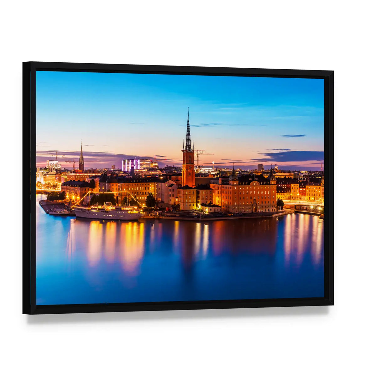 Gamla Stan Waterfront at Dusk Canvas Wall Art, framed canvas in a black floater frame, angled product view