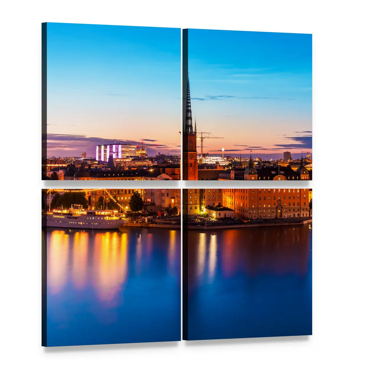 Gamla Stan Waterfront at Dusk Canvas Wall Art, 4 panel 4 Square layout gallery wrapped canvas set, angled product view